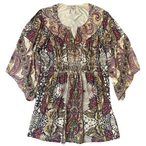 Live And Let Live Shirt Tunic‎ Womens Petite Medium Beaded Stretch Fairy Boho